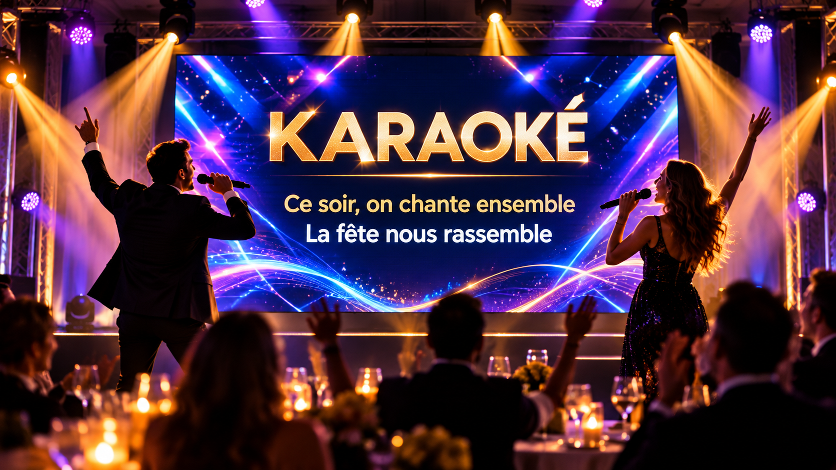 Illustration d’un karaoké sur mur LED, avec des invités chantant ensemble