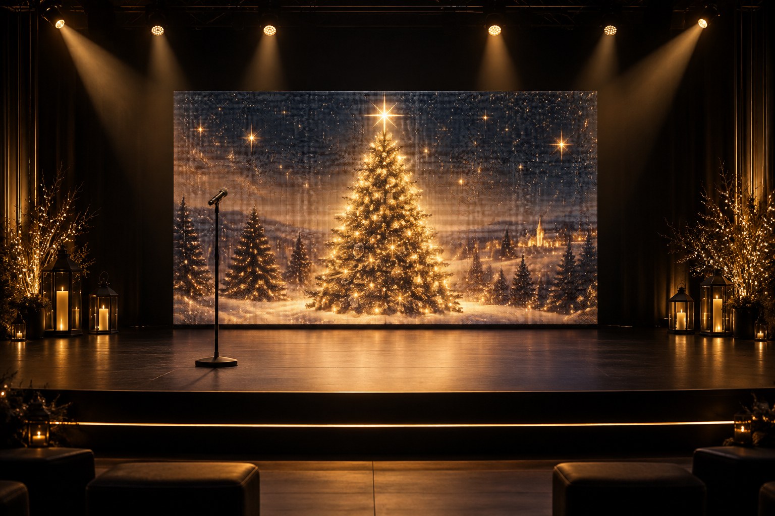 Illustration de projet : un mur LED rectangulaire présentant un sapin lumineux sur une scène de Noël